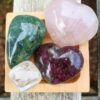Ultimate Crystal Heart Healing Set plus Gifts Rose Quartz Heart Rubellite Heart Prehnite w/ Epidote Tumble Clear Quartz Cube