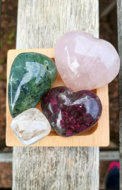 Ultimate Crystal Heart Healing Set plus Gifts Rose Quartz Heart Rubellite Heart Prehnite w/ Epidote Tumble Clear Quartz Cube