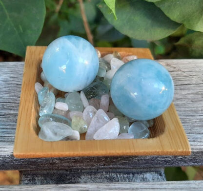 Aquamarine Sphere Duo L w/ Morganite Chip Stones, Creativity, Intuition, Calming