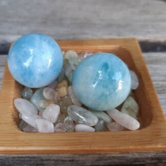 Aquamarine Sphere Duo L w/ Morganite Chip Stones, Creativity, Intuition, Calming