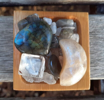 Labradorite Heart & Moonstone Moon Set, Intuition, Transformation, Clear Quartz