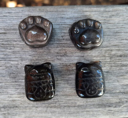 Silver Sheen Obsidian Cat & Cat Paw Beads, Communication, Journeying, Protection