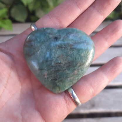 Amazonite w/ Smoky Quartz Flat Heart / Palm Stone, Communication, Good Luck, Success, Peace, Confidence, Truth