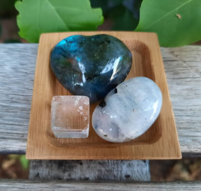 Labradorite Heart, Moonstone, Clear Quartz Cube, Transformation, Intuition