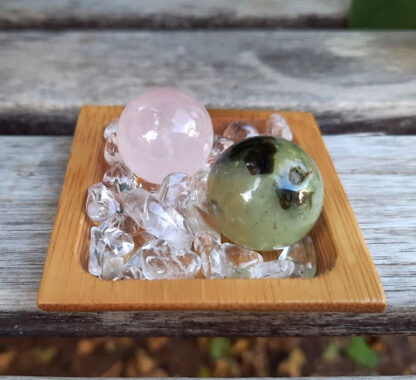 Prehnite w/ Epidote & Rose Quartz Sphere Duo, Meditation Set, Clear Quartz Chip Stones