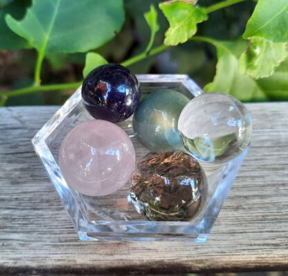 Quartz Mini Sphere Set, Clear, Smoky, Rose, Amethyst, Green Aventurine w/ Bowl