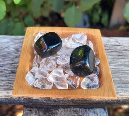 Black Obsidian Cube Duo, Protection, Inner Strength, Clearing, Clear Quartz Chip Stones