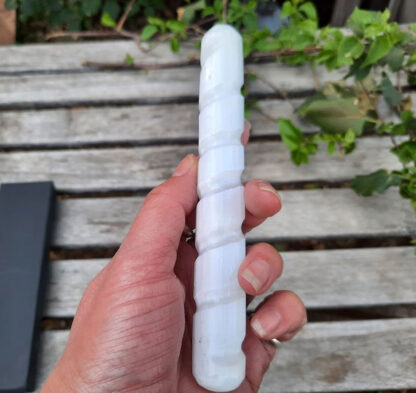 Selenite Spiral Carved Wand, Higher Realm Connection, Peace, Clarity, Clearing