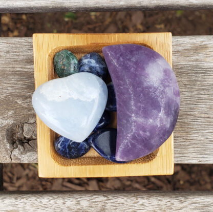 Peace & Calming Set, Lepidolite Moon, Celestite Heart, Sodalite Chip Stones