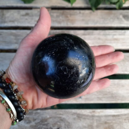 Black Tourmaline Sphere with Glass Stand, Protection, Vitality, Stability