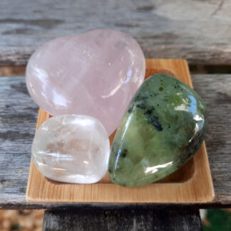 Crystal Heart Healing Set, Rose Quartz Heart, Epidote w/ Prehnite, Clear Quartz