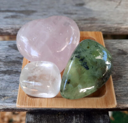 Crystal Heart Healing Set, Rose Quartz Heart, Epidote w/ Prehnite, Clear Quartz
