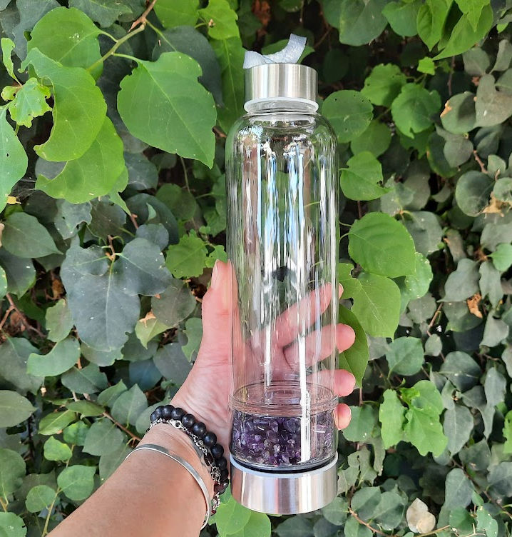 loyaliteit map Embryo Glass Water bottle for Crystal Infused Water, Crystal Elixirs, Indirect  Method, Amethyst Chip Stones - Kais Crystal Carriage