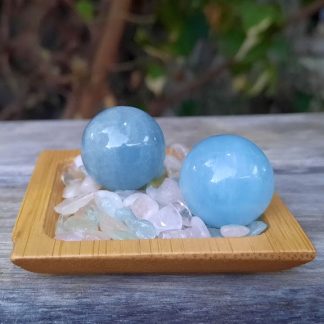 Aquamarine Sphere Duo S w/ Morganite Chip Stones, Creativity, Intuition, Calming